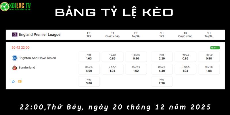 Bảng tỷ lệ kèo Brighton vs Sunderland Bảng tỷ lệ kèo Brighton vs Sunderland